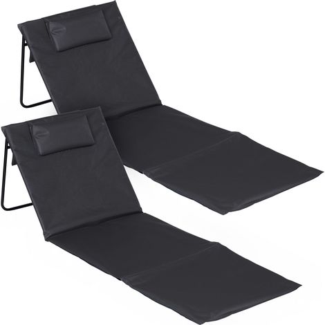 2er Set faltbare Strandliege in dunkelgrau ca. 145 x 48 x 45 cm mit verstellbarer Rückenlehne, Kopfkissen und Tragegurt