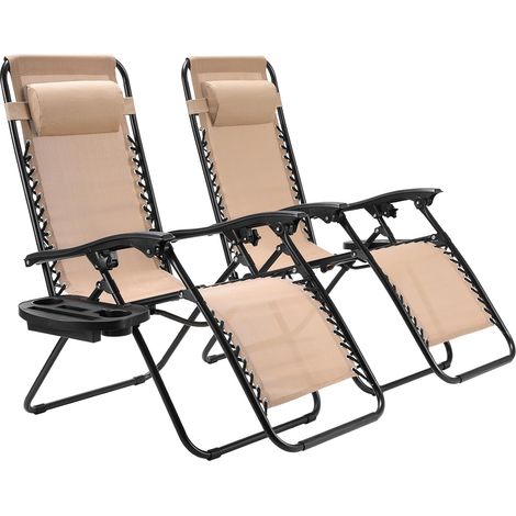LIFERUN Chaise Longue Jardin Exterieur Pliable, avec Repose-tête et Dossier Réglables, pour la Pause Déjeuner, avec Porte-gobelet, Ergonomique et Respirant,Beige (1/5)