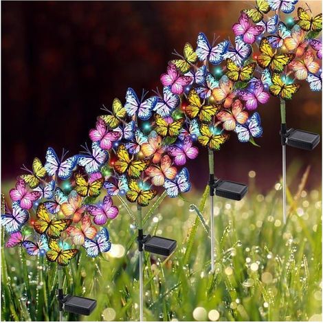 Ensemble de 4 lampes solaires papillon pour jardin, étanches IP65, LED multicolores, pour une utilisation extérieure et la décoration de terrasse. (1/5)