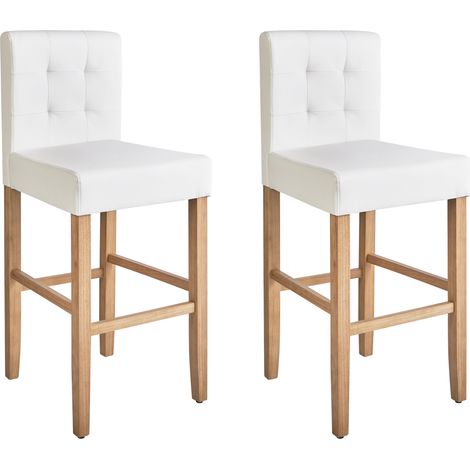 Conjunto de 2 taburetes de bar en piel sintética blanco crema con patas de madera clara estilo retro Madison