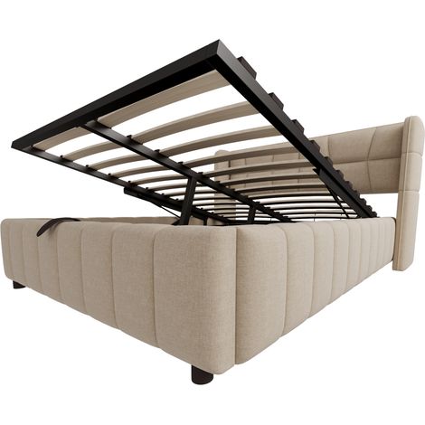 Cama canapé tapizada beige 140 x 200 cm con cabecero y somier metálico HOMVRA (1/5)