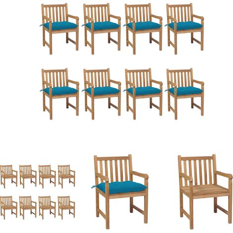 The Living Store -  Gartenstühle 8 Stk. mit Hellblauen Kissen Massivholz Teak (1/5)