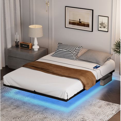 Bett Stahl Schwarz 160x200 cm mit LED-Beleuchtung, Ladestation und Metalllattenrost (1/5)