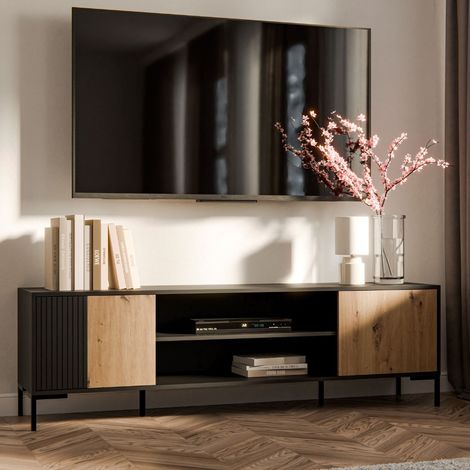 Meuble télé 180 cm noir et bois Polo (1/4)