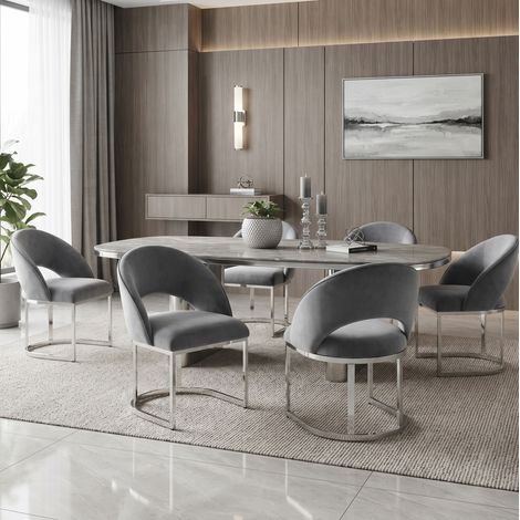 Set di 2 sedie da pranzo in velluto grigio e argento, design curvo moderno, gambe in metallo galvanizzato (1/5)