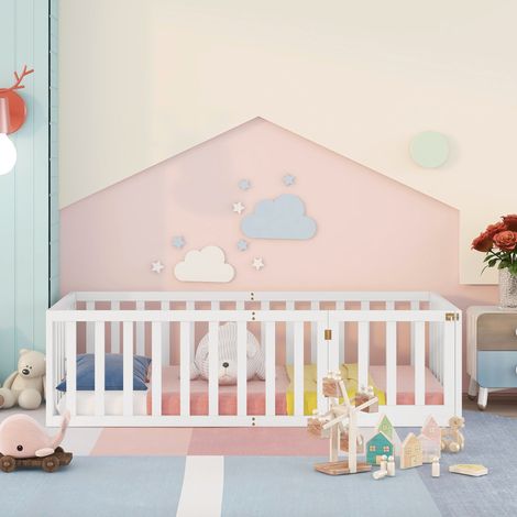 Lit pour enfants 90 x 200,cadre de lit au sol en bois avec clôture et porte,blanc