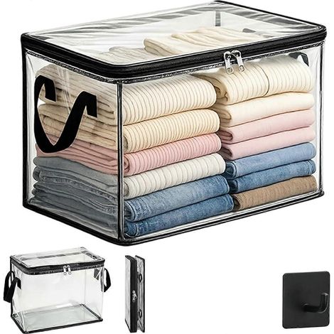 Sac de rangement transparent plastique épais, vêtements déménagement stockage, bac empilable pliable avec couvercle, poignée et fermeture éclair (1/5)