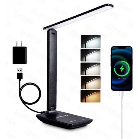 Lampe de bureau LED (noire) avec adaptateur, veilleuse pliable et réglable avec 5 modes de couleur et 5 niveaux de luminosité, port de charge USB (1/5)