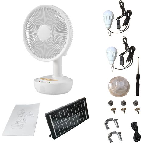 Ventilateur sur pied solaire rechargeable 10000mAh silencieux 3 vitesses portable avec panneau solaire et lumière LED pour intérieur extérieur blanc (1/5)