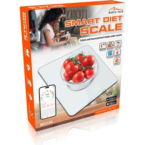 Balanza inteligente para dietas: balanza de cocina inteligente con aplicaci贸n para dietas, compatible con iOS 8.0 y Android 4.4 y versiones posteriores. Cristal templado, pantalla LCD, tama帽o compacto (1/5)