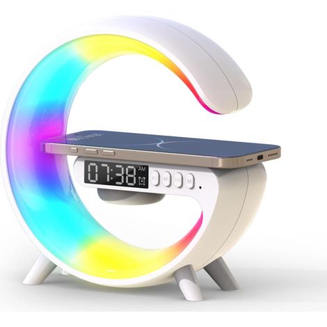 Smiling Shark Lampes de Réveil, Intelligente Ambiance Lumière avec Charge Sans Fil et Haut-Parleur Bluetooth Simulateur D'aube Bouton Contrôle 10 Mode Lumière Lampe de Reveil pour Chambre Salon (1/5)