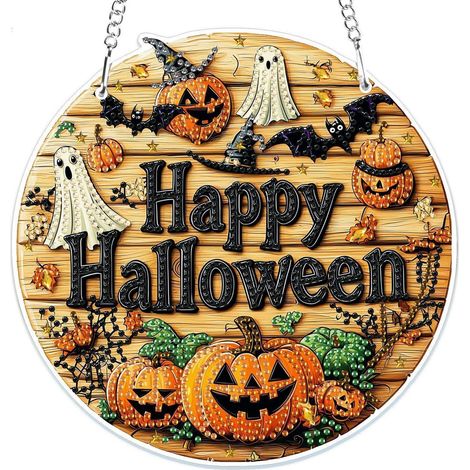 Halloween Diamond Painting Anhänger, Fensterbild Bastelset mit Kürbis & Geist