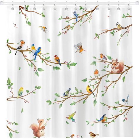 Rideau De Douche, Branche D'Oiseau Lavable 182x182 cm Imperméable Polyester Rideau De Bain pour Baignoire, Salle De Bain Décor avec œIllets Et 12 Crochets (1/5)