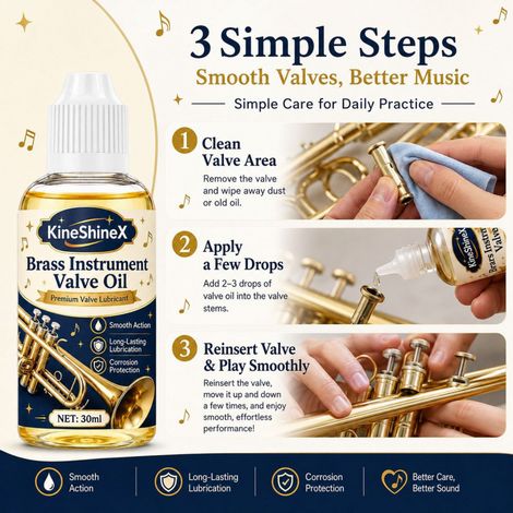 KineShineX instrument brass lubricant for trumpets, cornets, and frugers, reducing the need for piston and valve lubrication and maintenance. (1/4)