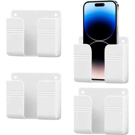 Juego de 4 soportes de pared para teléfono con adhesivo, base de carga con puerto para cable de datos, caja de almacenamiento multifuncional para ducha, resistente al agua - Blanco (1/5)