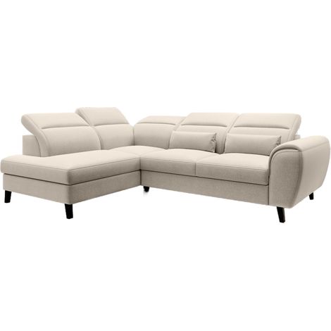 Canapé d’angle convertible NOBLESSE en tissu avec coffre et pieds en bois noir – 265cm angle gauche-Beige clair-angle gauche (1/5)