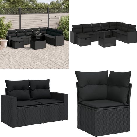 Salon de jardin 9 pcs avec coussins noir résine tressée - Salon De Jardin - Mobilier Extérieur - Set Salon - Table Extensible - Chaise Pliante - Home & Living (1/5)