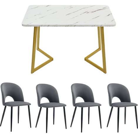 Ensemble salle à manger 5 pièces avec table MDF 117x68 cm et 4 chaises en velours gris aux pieds ajustables dorés (1/5)