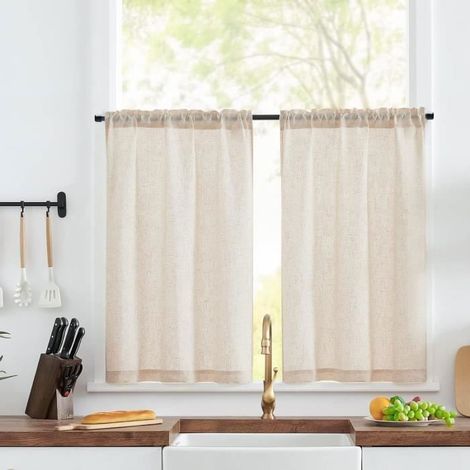 Lot de 2 rideaux en lin translucide 65 x 90 cm pour cuisine, salon, bar (1/4)