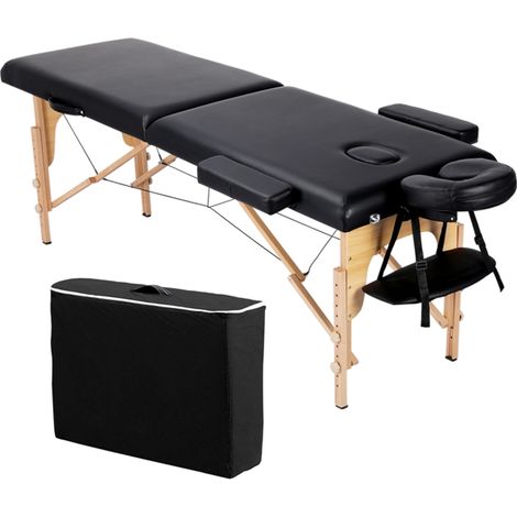 Yaheetech Table de Massage Portable Pliable à 2 Zones Charge 250 kg en Bois Hêtre Hauteur Réglable avec Appuie-tête Amovible Sac de Transport 213 x 60 cm/Noir