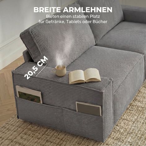 Canapé 3 places 218 cm, moderne banquette en velours côtelé, assise à ressorts ensachés, accoudoirs larges, 2 coussins, gris clair (1/5)