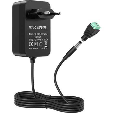 Alimentation 12V 5A Adaptateur, Universel AC/DC Transformateur Chargeur 60W, pour Bande LED,Caméras CCTV, Disque Dur Externe,Routeur,TVs Etc Transformateurs d'alimentation (1/5)