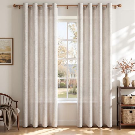 Rideau Voilage Effet Lin Tamisant à Œillets pour Baie Vitrée, Rideaux Voilages Intérieurs Semi-Transparents Chambre et Salon, Style Champêtre, 2 Panneaux 140 x 225 cm, Brun Clair (1/5)