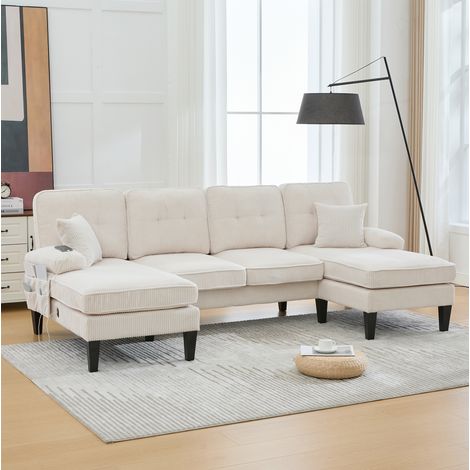 U-Sofa 250x130x88 cm Beige Cord mit 2 Chaise-Longues, USB/Type-C und Seitentaschen (1/5)
