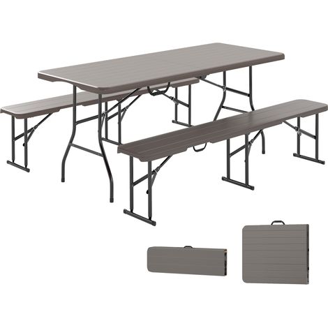 Set tavolo e panca da campeggio pieghevoli, effetto legno, per uso esterno, 180 x 74 x 74 cm e 182 x 28 x 42 cm, marrone