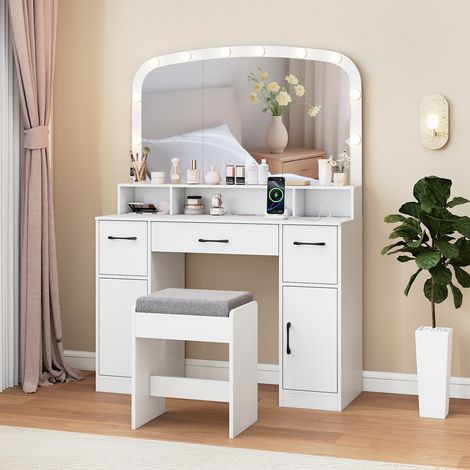Coiffeuse avec Miroir Lumineux et Tabouret, Coiffeuse avec Rangement, 3 Couleurs de Lumière, Table de Maquillage 108 x 40 x 149 cm, Blanc (1/5)