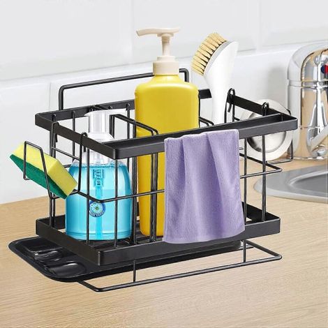 Organisateur de cuisine pour évier avec bac égouttoir amovible, porte-éponge et porte-chiffon en acier inoxydable 304, fixation murale/suspension. (1/5)