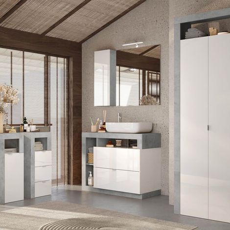 Ensemble meuble vasque 92cm + rangements + armoire blanc et aspect béton - ARTURO (1/5)