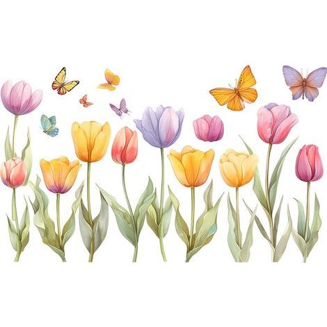 Lntyq Fleur de Jardin Stickers Muraux Tulipe Autocollant Mural Fleurs Papillon Plante Décoration Murale pour Salon Chambre Bureau Canapé Fond TV Murale (1/5)