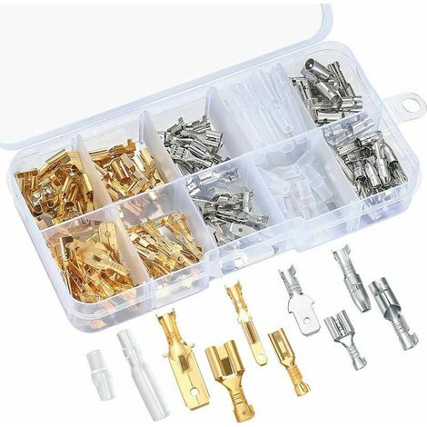 150 Pièces Cosse a Sertir Electrique Automobile Kit, 6,3mm 4,8mm 2,8mm Fil Électrique Connects Terminal Mâle Femelle pour Moto Voiture Scooter Bateaux Électrique Instruments (1/5)
