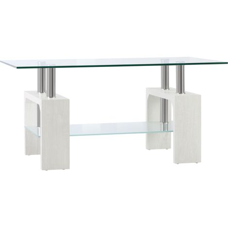 Tavolino da Caffè Moderno a 2 Livelli in Vetro e Legno, 90x50x42cm, Bianco