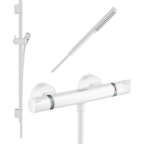HANSGROHE Pack mezclador termostático de ducha Ecostat Comfort + barra Unica S Puro + flexible + rociador Pulsify S blanco mate
