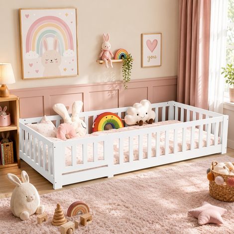 Lit Enfant 90x190 cm - Lit au Sol Enfant en Bois Massif de Pin avec Barrière de Sécurité et Sommier - Charge Jusqu’à 230 kg - Lits Montessori pour Garçons et Filles (1/5)