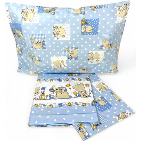 Ensemble de draps Pedro pour lit bébé – Décoration ours 100 % coton, fabriqué en Italie, ensemble de 3 pièces Bleu clair