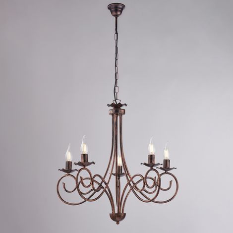 Alma Lustre En Fer Laqué Noir Décor Cuivre Antique 5 Lumières 120 D.57 Bl130-5-Nr