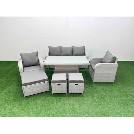 Fimous PE Rattan Garden Furniture Set Reclining Chair Sofa Lounge Sofa Set Adjustable Lifting Dining or Coffee Table 3 Stools Light Grey (1/4)