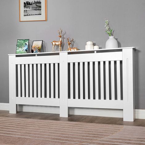Unho – Cache radiateur blanc MDF 152x19x92cm – Hauteur intérieure 90cm – Grille décorative verticale – Protection contre la chaleur et les brûlures