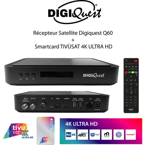 Pack TIVÙSAT HD Récepteur Satellite Digiquest Q60 + Carte Smartcard TIVÙSAT 4K ULTRA HD