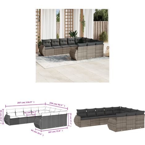 10-tlg. Garten-Sofagarnitur mit Kissen Grau Poly Rattan - Gartenmöbel - Outdoor Möbel - Rattan Gartenset - Lounge Set - Esstischgarnitur - Home & Living (1/3)