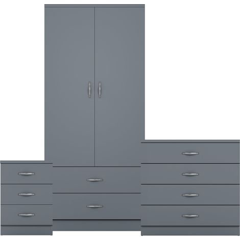 Riano 3 Piece Bedroom Set (3 Drw Bedside Chest, 4 Drw Chest, 2 Dr 2 Drw Wardrobe), Grey (1/3)