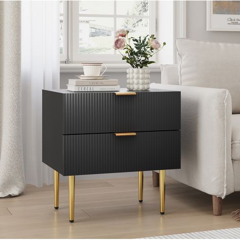 Mesita de noche moderna negra de MDF y metal con 2 cajones, frontal ranurado y tiradores dorados, tablero 53 x 41,5 cm (1/5)