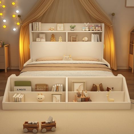 Letto singolo 140x200 cm in legno con libreria estraibile, luci LED, ripiani, contenitore e rete incluso - colore bianco (1/5)