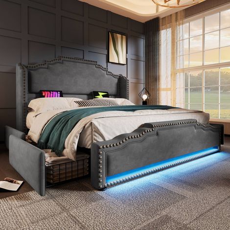 Lit coffre 160x200cm avec 4 tiroirs, led, port usb-c, sommier à lattes et matelas inclus, velours gris (1/5)