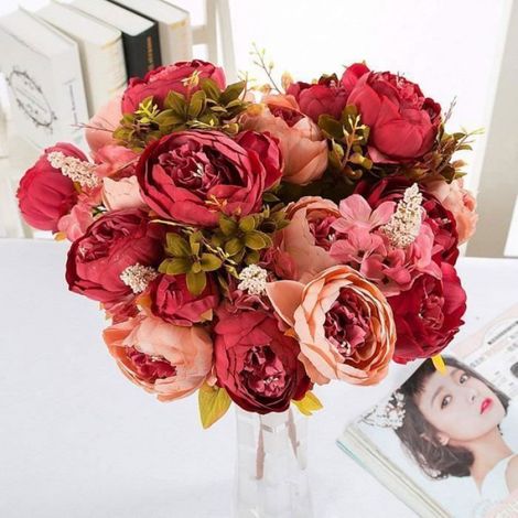 1 Bouquet Fleurs Artificielles,Pivoines Soie,Rose Foncé,50 cm,Décoration Intérieur (1/4)