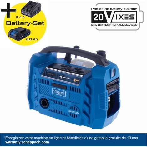 Compressore senza fili Airforce 6 - pressione max 10,3bar - 6 accessori inclusi - SCHEPPACH 20V IXES - Batteria 2Ah + caricabatterie 2.4A