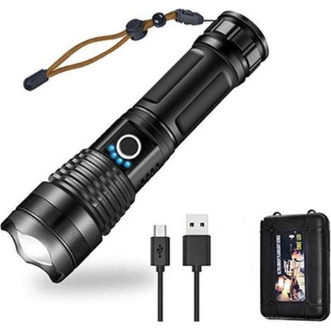 Lampe de poche LED 10000 lumens, 5000mAh USB rechargeable 26650 batterie incluse, 5 modes d\'éclairage, zoomable, longue durée de travail torche tactique pour le camping, la randonnée, la chasse, l\'u (1/5)